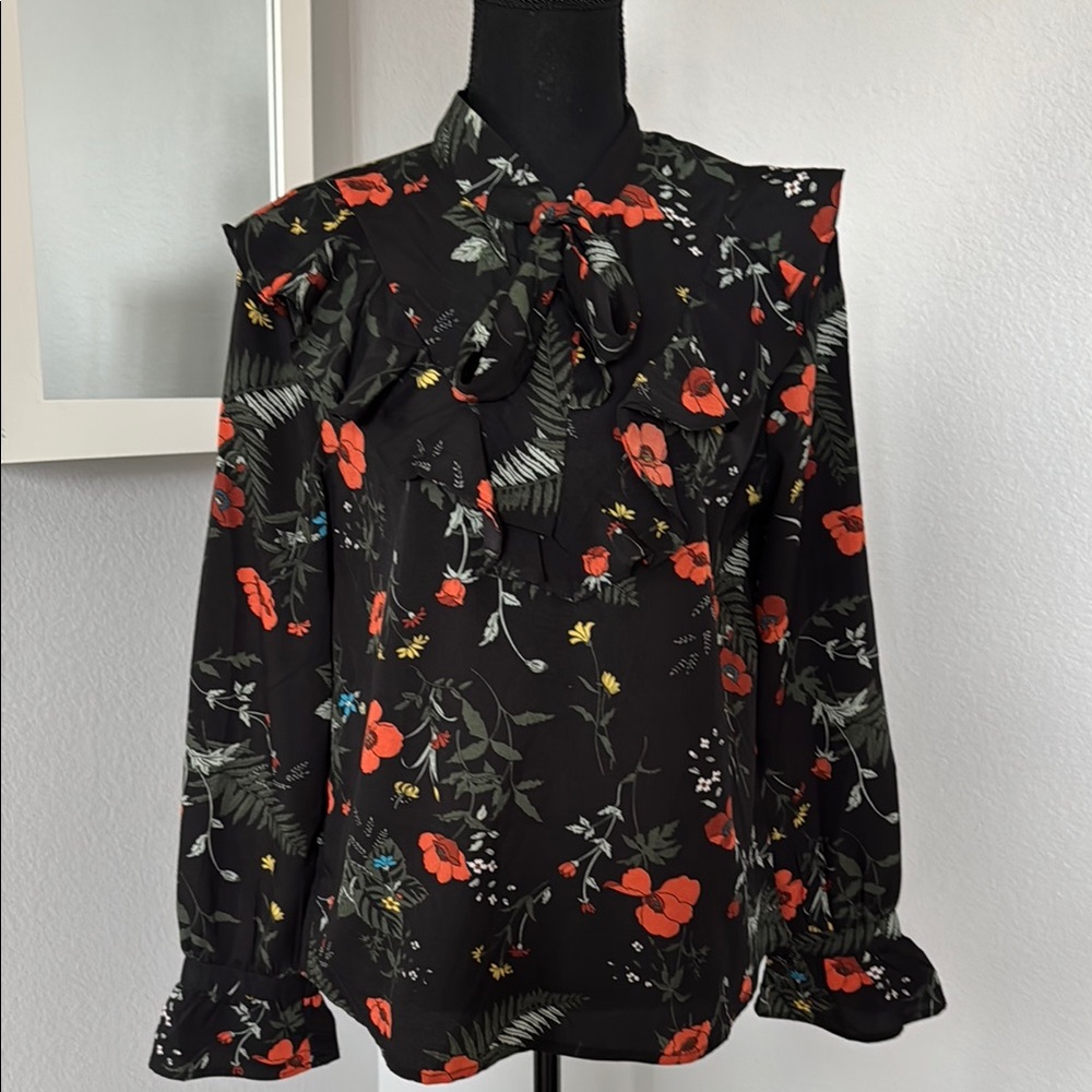 Floral Black Blouse with Red Accents
